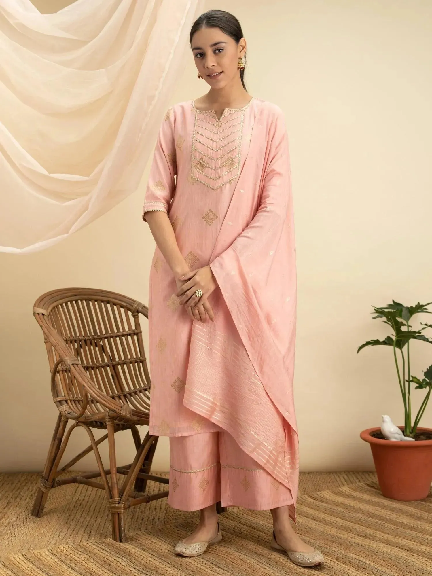 Pink Self Design Silk Straight Kurta With Palazzos & Dupatta