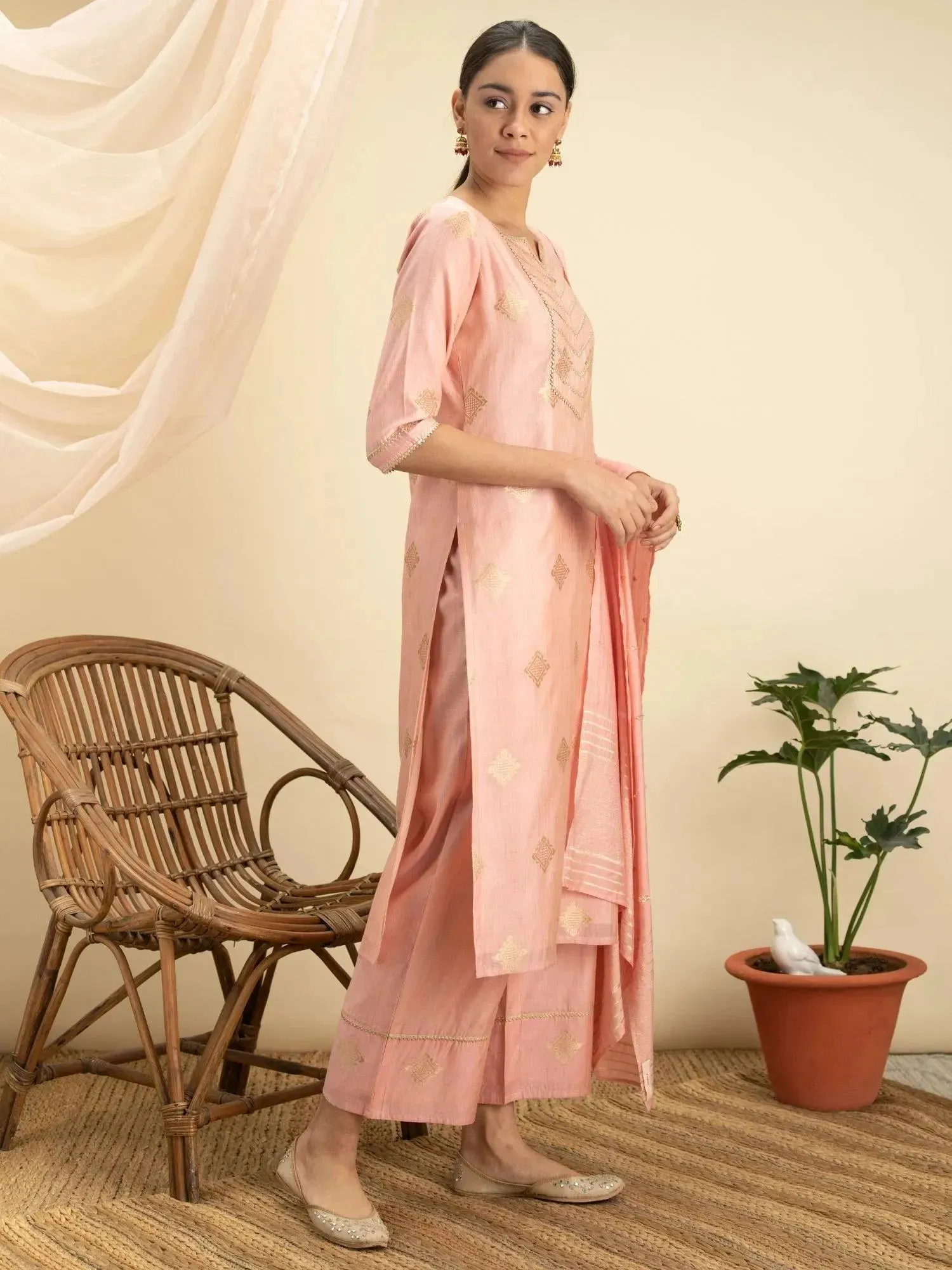 Pink Self Design Silk Straight Kurta With Palazzos & Dupatta