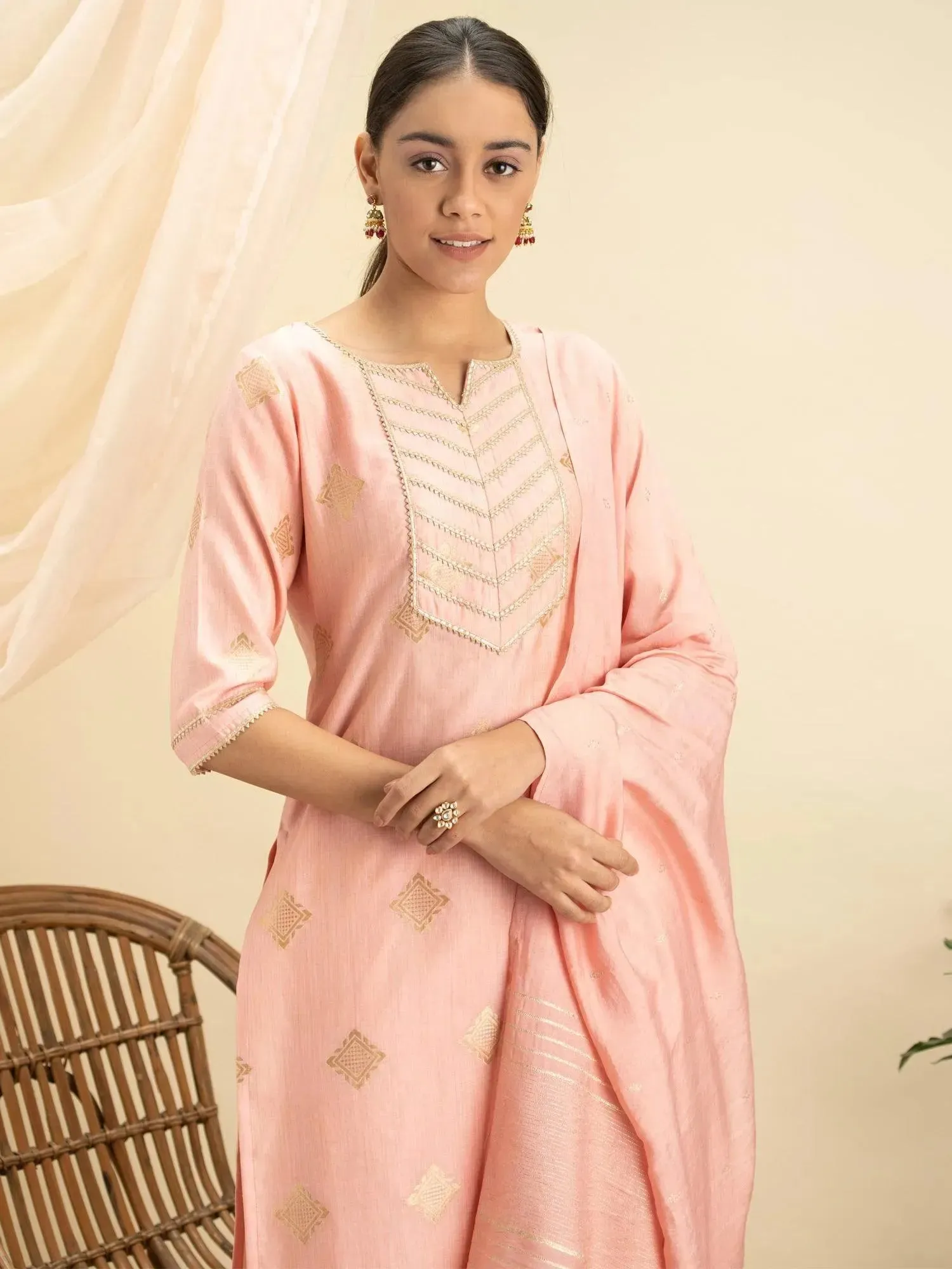 Pink Self Design Silk Straight Kurta With Palazzos & Dupatta