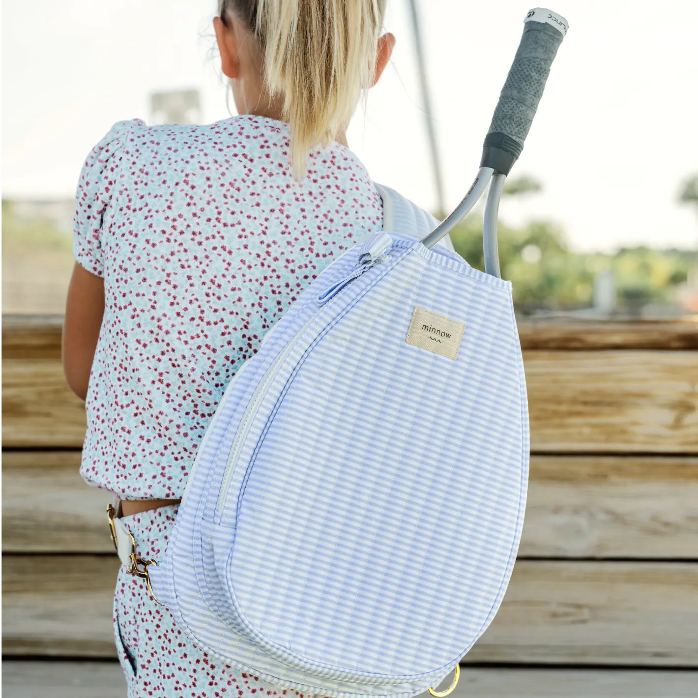 powder blue stripe coated tennis bag