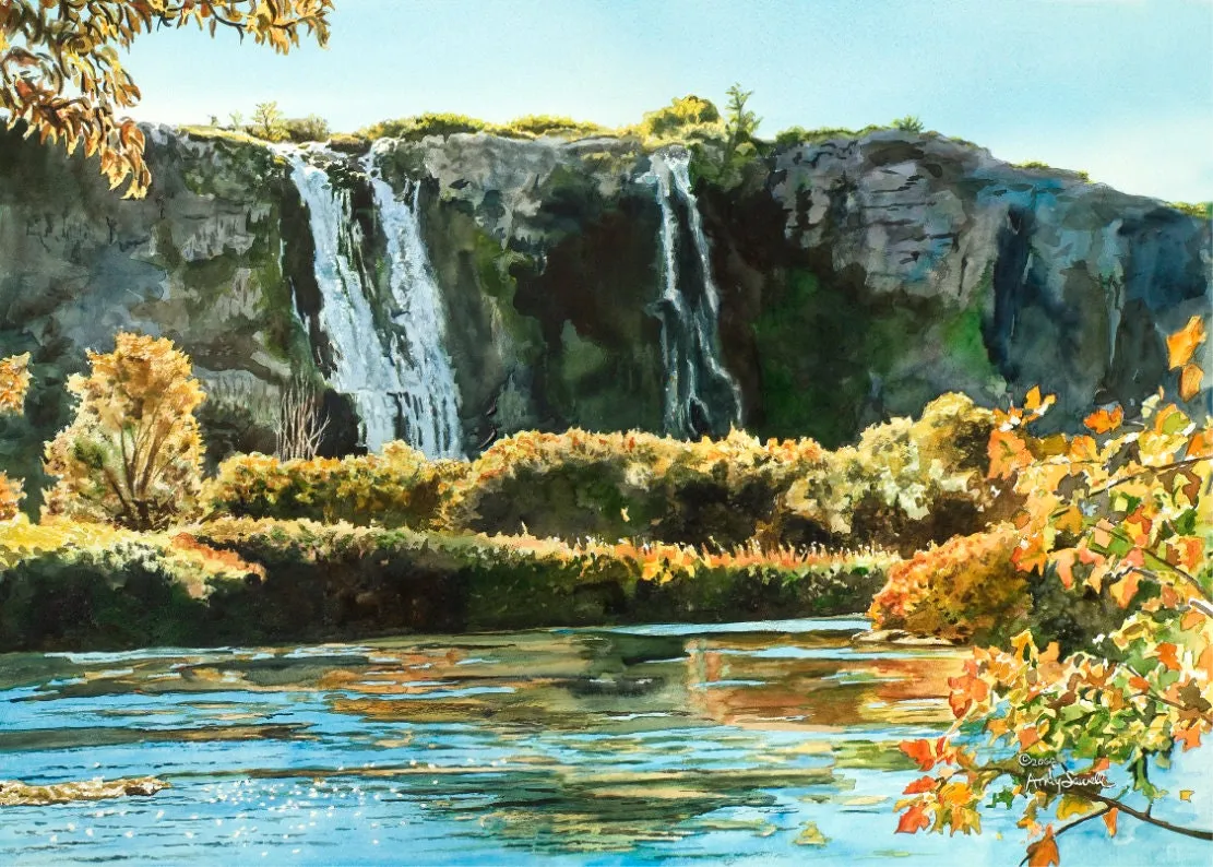 "Autumn Falls" - A ltd. edition Giclee reprod. from an Original watercolor of Thousand Springs, Hagerman, Idaho  - by Andy Sewell