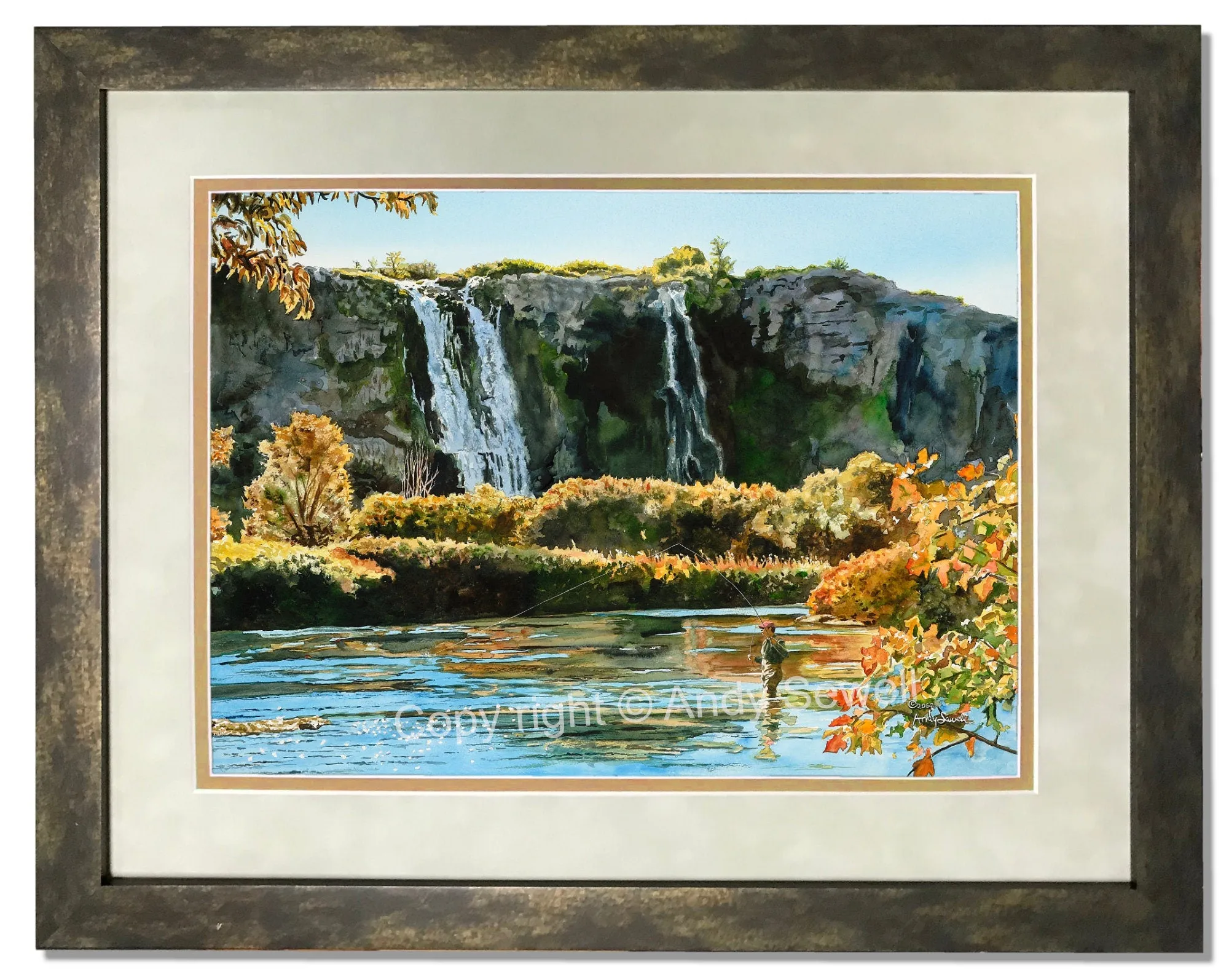 "Autumn Falls" - A ltd. edition Giclee reprod. from an Original watercolor of Thousand Springs, Hagerman, Idaho  - by Andy Sewell