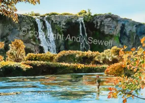 "Autumn Falls" - A ltd. edition Giclee reprod. from an Original watercolor of Thousand Springs, Hagerman, Idaho  - by Andy Sewell