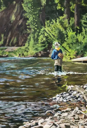 "Wading and Waiting" - 22"x32" an Original Oil Painting or Open Edition Print of a Fly-fisherman on and Idaho River.