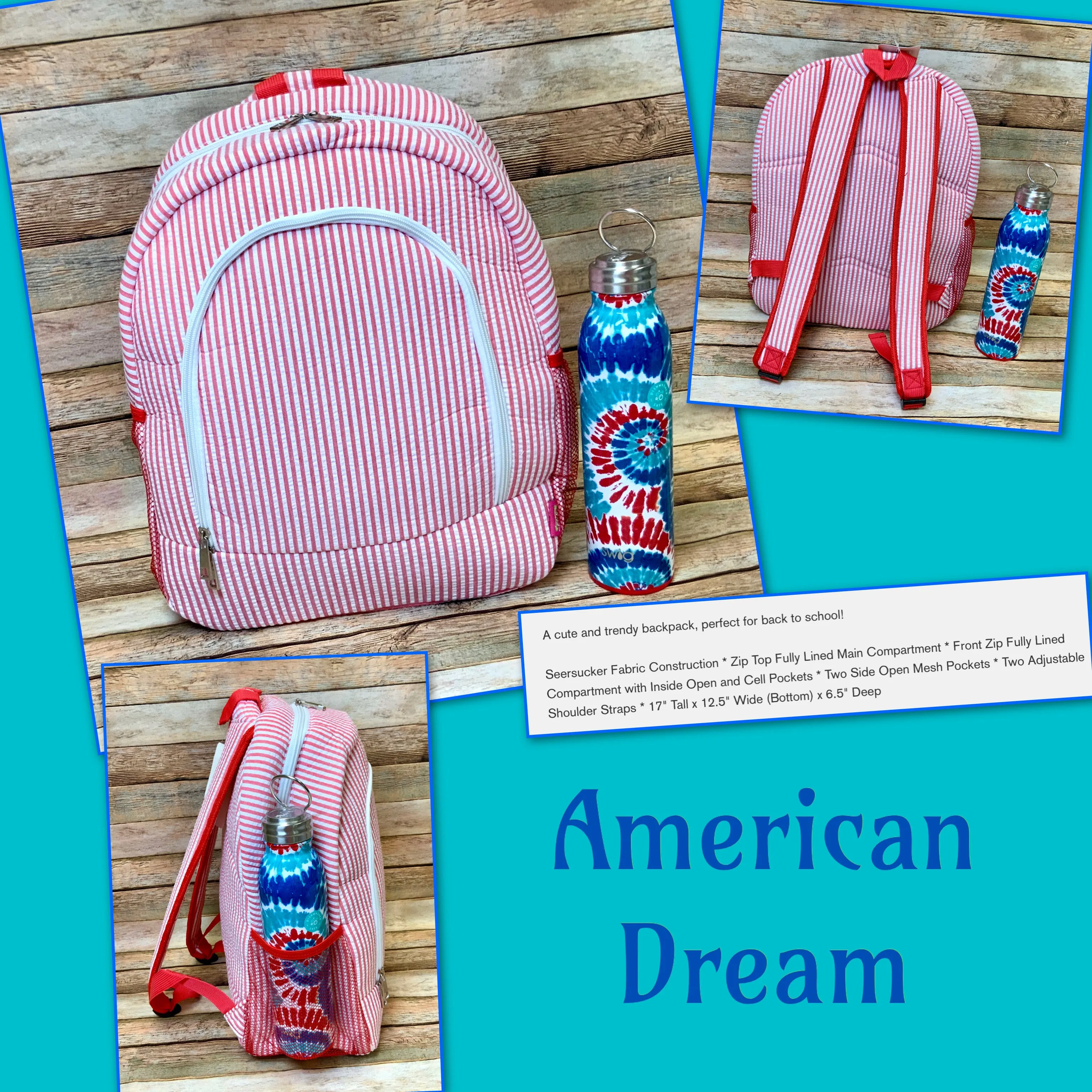 Red and White Seersucker Stripe Backpack (American Dream)