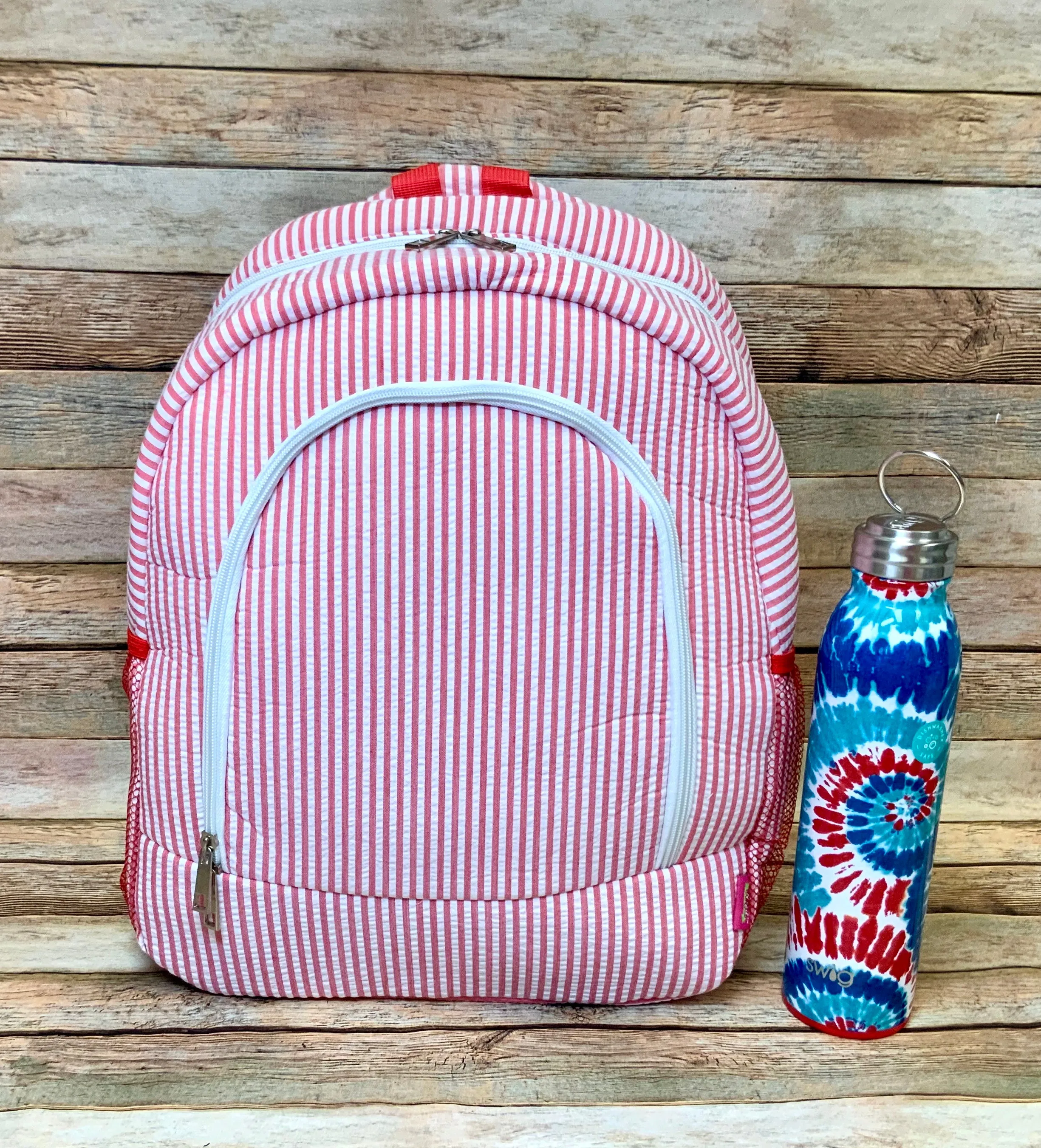 Red and White Seersucker Stripe Backpack (American Dream)