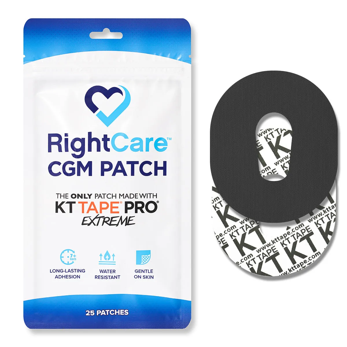 RightCare CGM Adhesive Patch made with KT Tape, Dexcom G6, Bag of 25