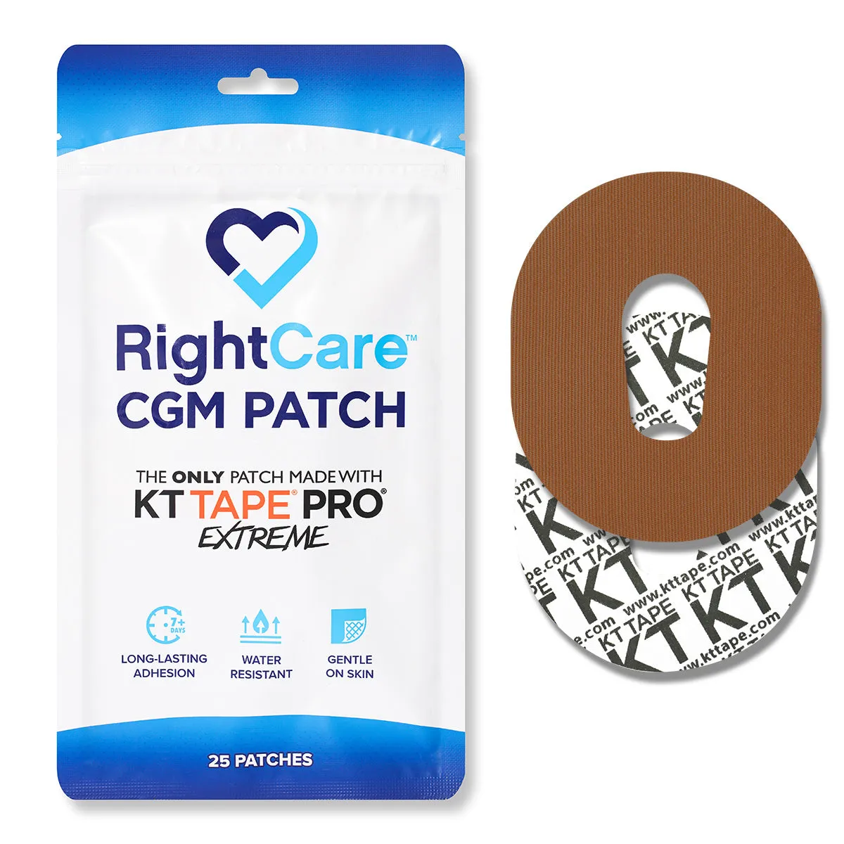 RightCare CGM Adhesive Patch made with KT Tape, Dexcom G6, Bag of 25