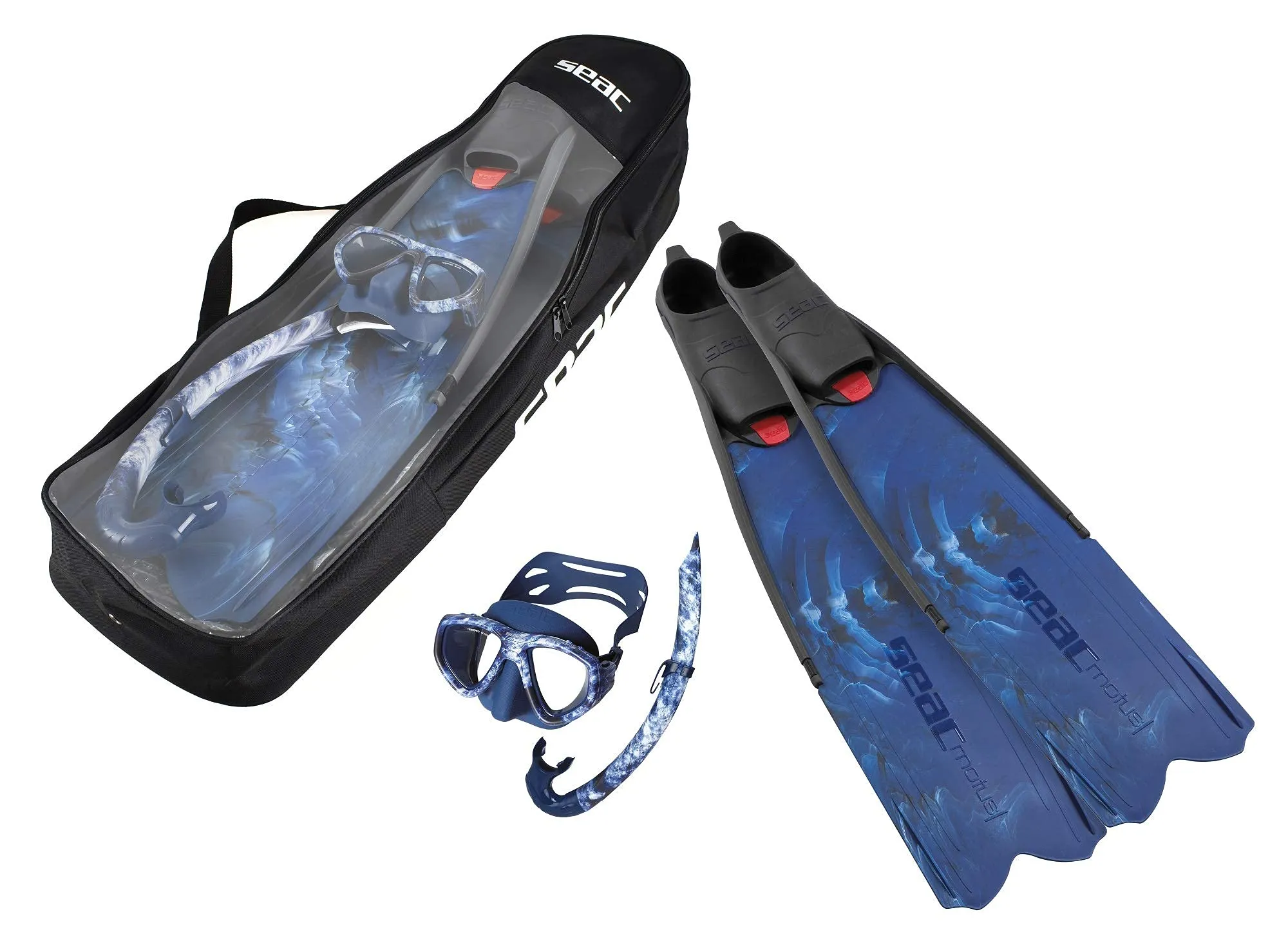 SEAC Motus Tris Freediving and Spearfishing Set - Motus Long Fins, One Diving Mask Jet Snorkel, Shoulder Bag Included