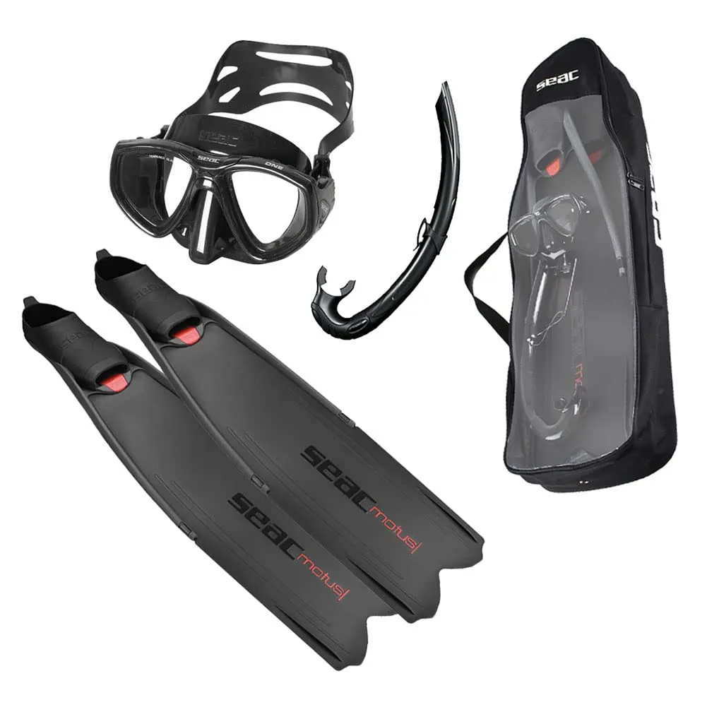 SEAC Motus Tris Freediving and Spearfishing Set - Motus Long Fins, One Diving Mask Jet Snorkel, Shoulder Bag Included