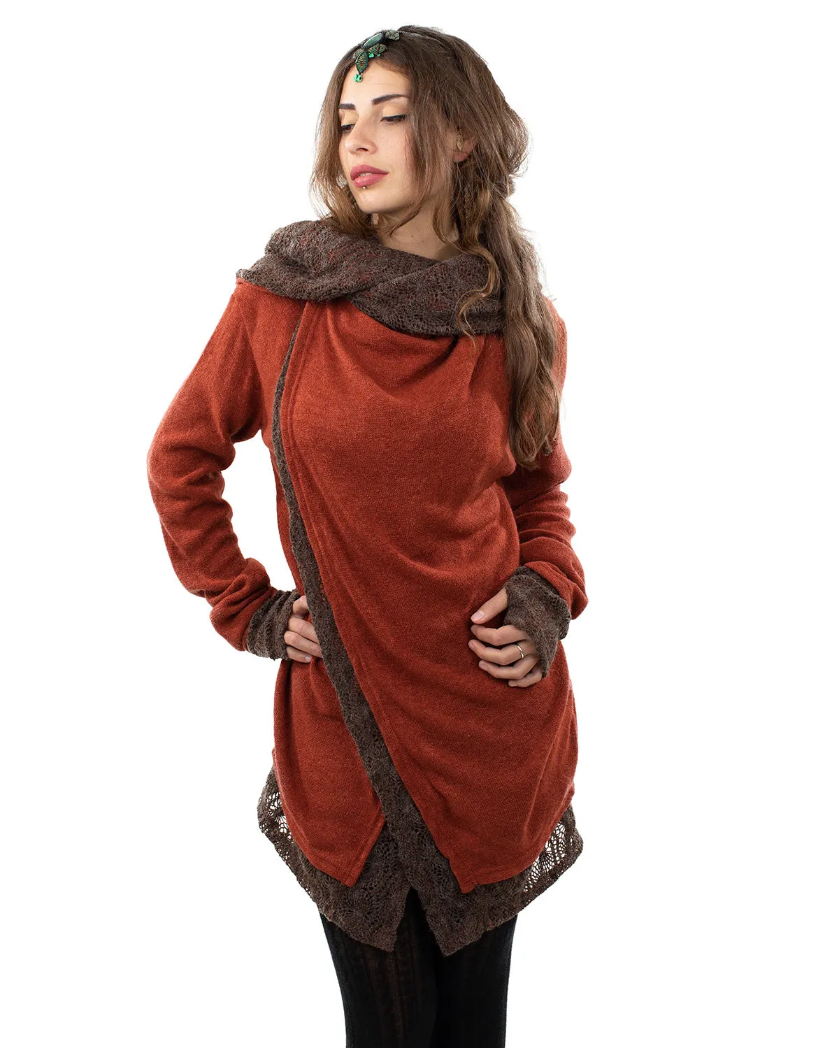 Solstice Crochet Lace Hooded Cardigan Jacket Sienna/Brown