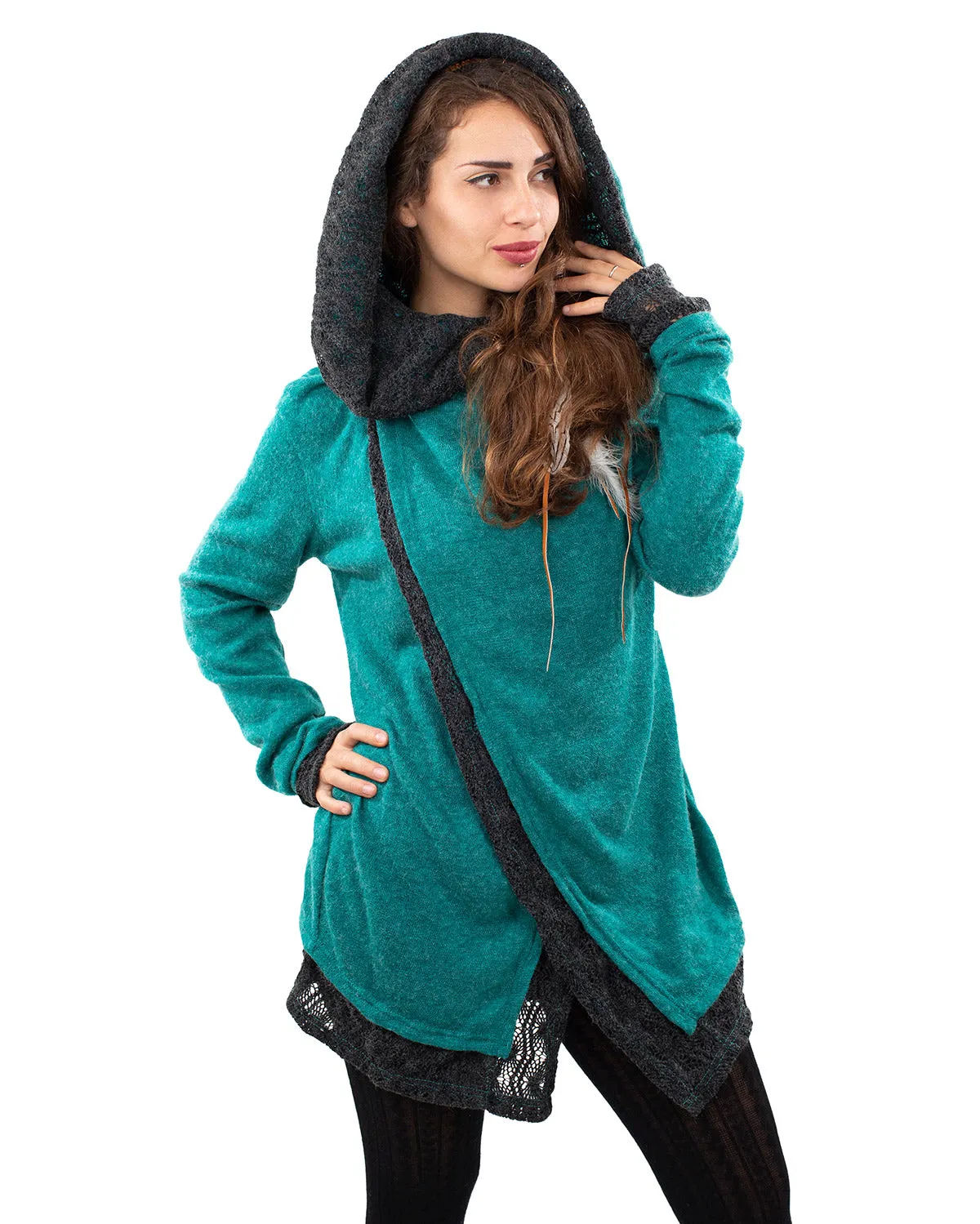 Solstice Crochet Lace Hooded Cardigan Jacket Turquoise/Grey