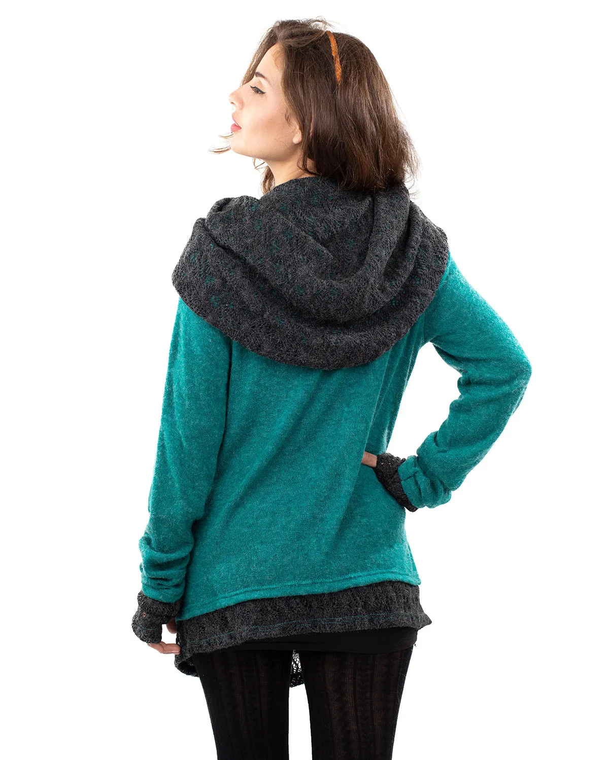 Solstice Crochet Lace Hooded Cardigan Jacket Turquoise/Grey