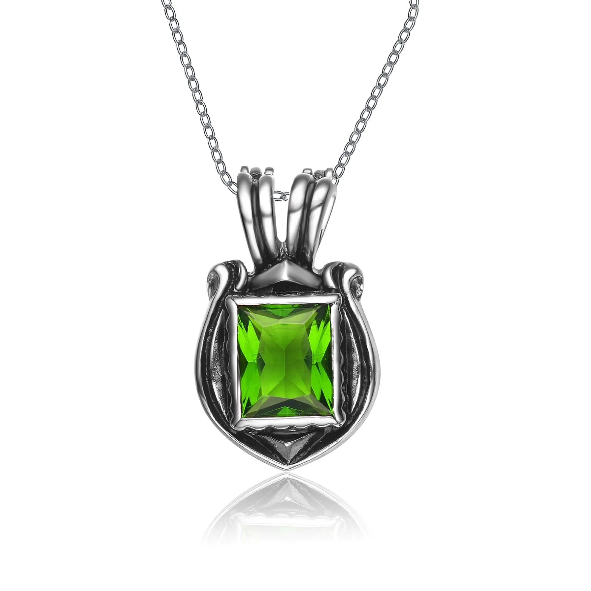 Sterling Silver Green Square Cubic Zirconia Detailed Pendant