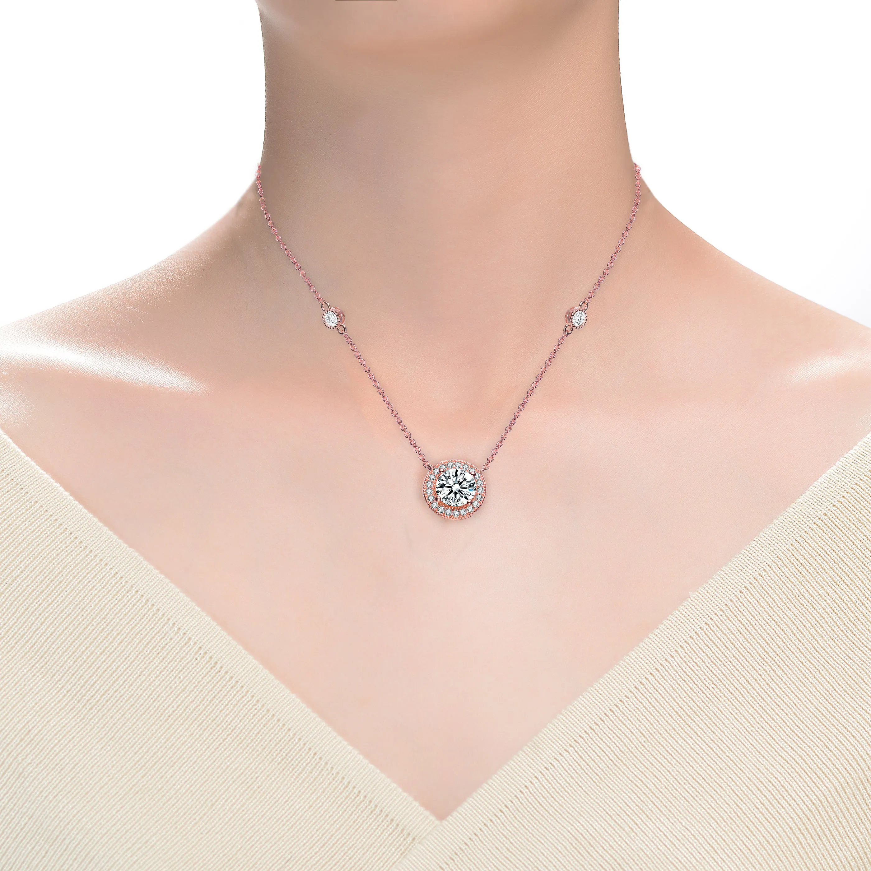 Sterling Silver with Rose Gold Plated Halo Clear Round Cubic Zirconia Chain Necklace