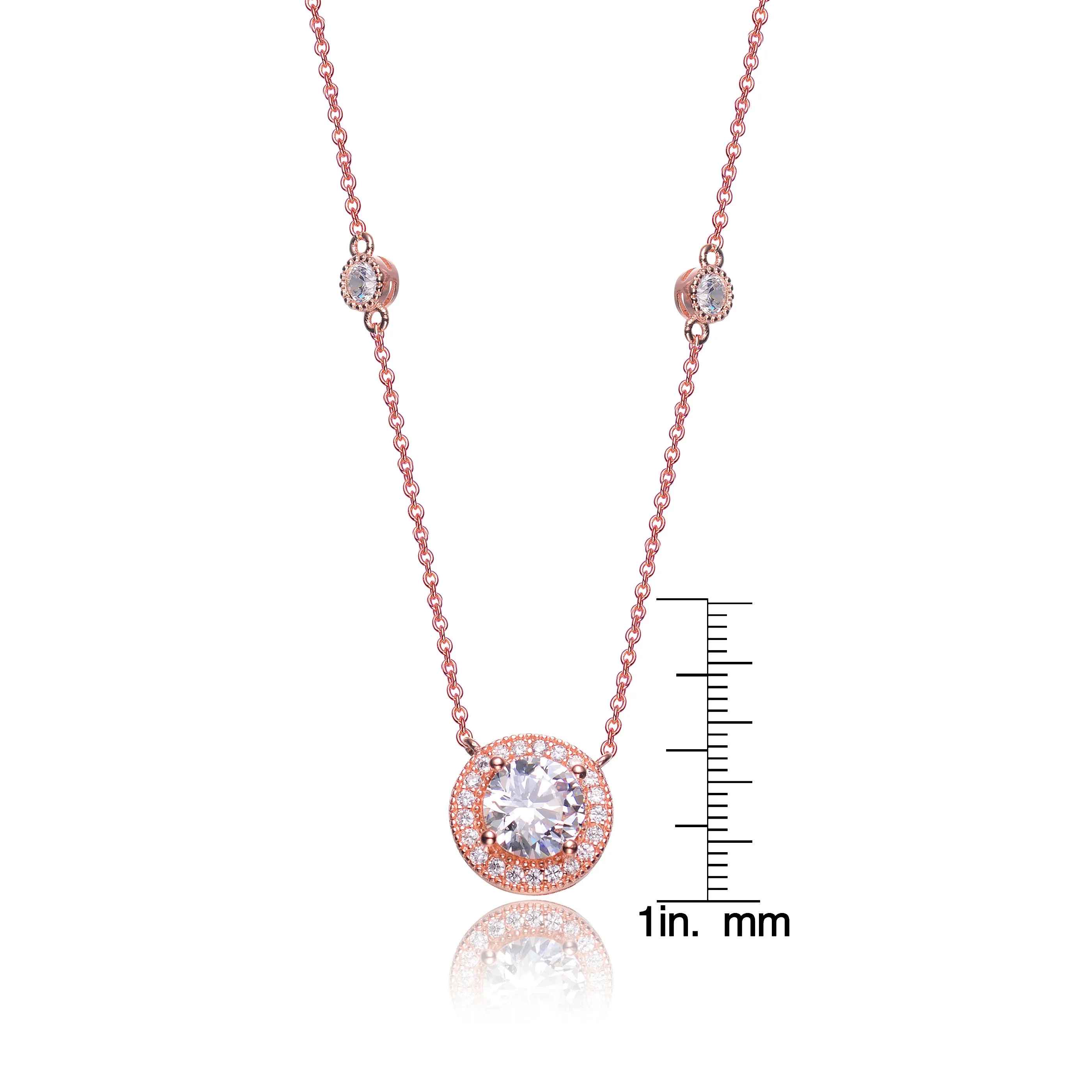 Sterling Silver with Rose Gold Plated Halo Clear Round Cubic Zirconia Chain Necklace