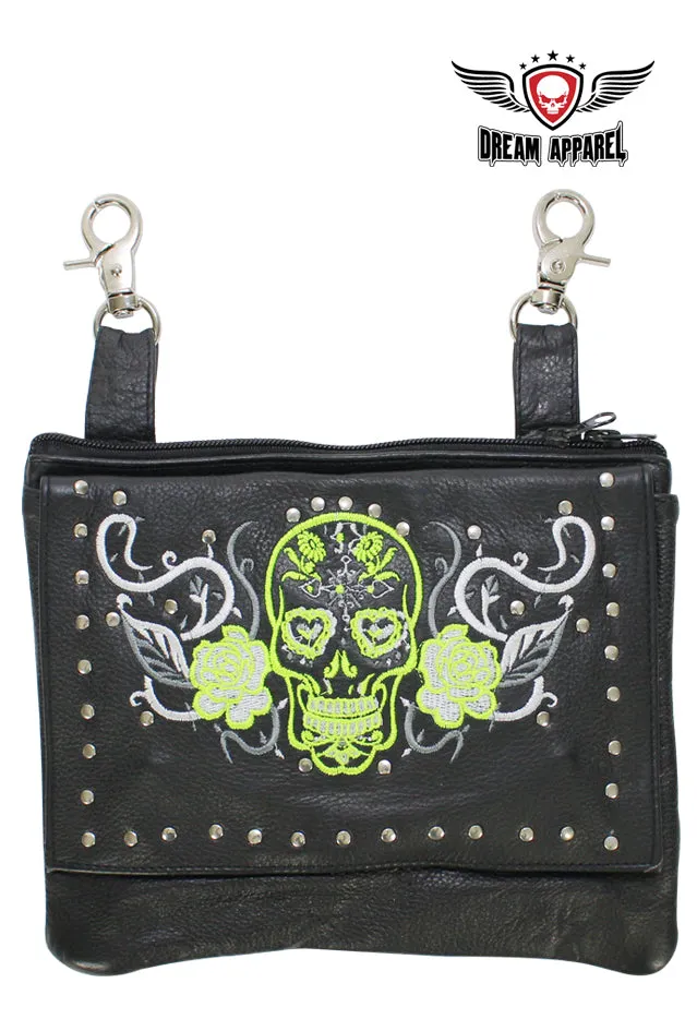 Studded Lime Green & White Sugar Skull Naked Cowhide Leather Belt Bag W/ Gun Pocket