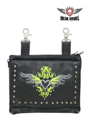 Studded Naked Cowhide Leather Belt Bag with Lime Green/Gray Heart