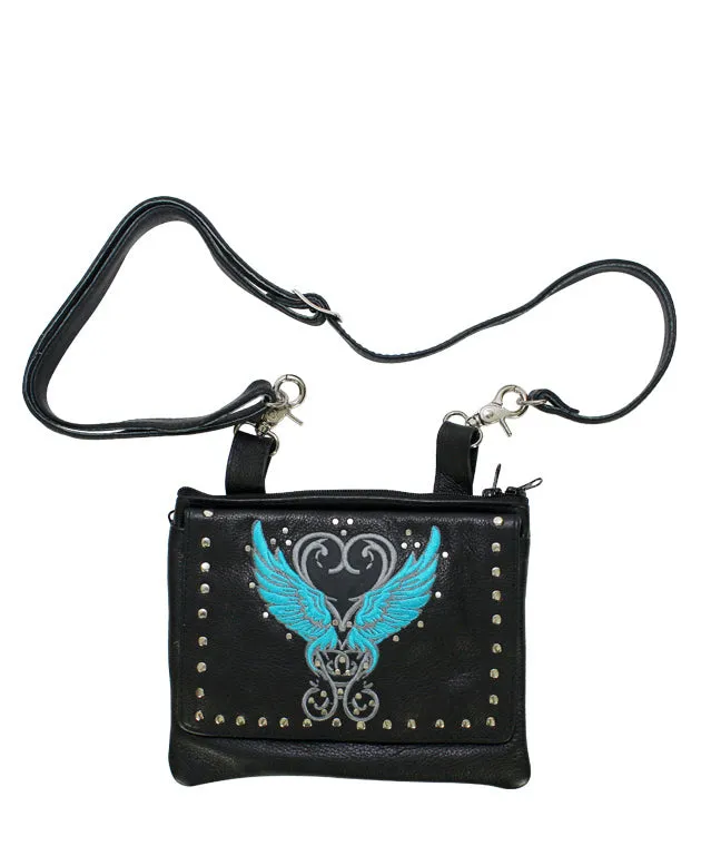 Studded Naked Cowhide Leather Belt Bag with Teal Wings