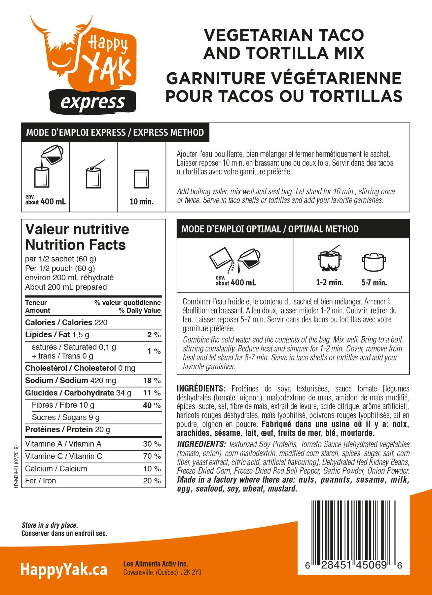 Taco & Tortilla Vegetarian Mix (Vegan, Gluten Free, Lactose Free)