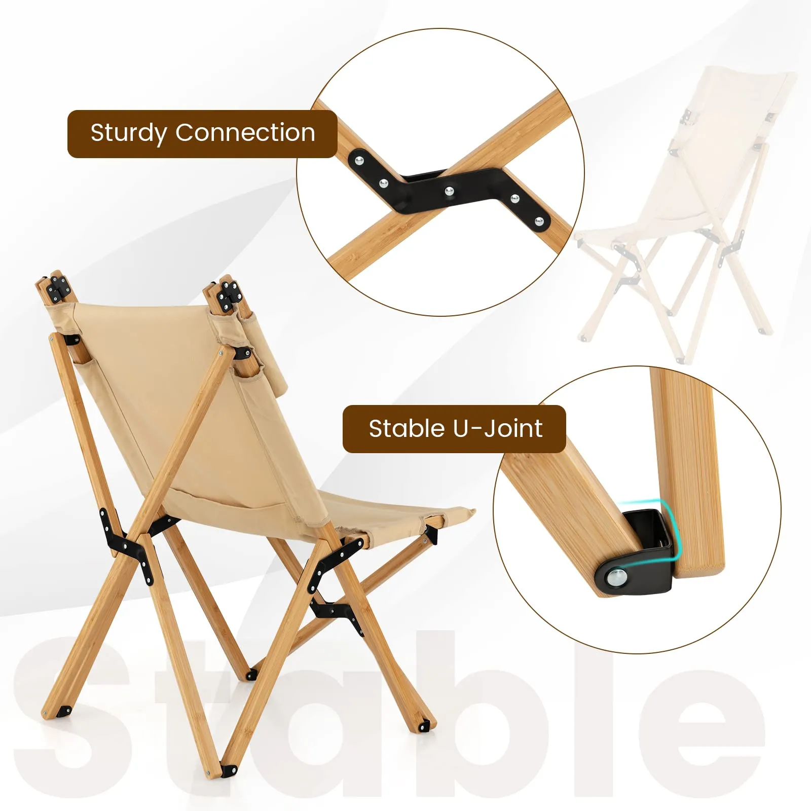 Tangkula Folding Camping Chair, High Back Portable Bamboo Camp Chair with 2-Level Adjustable Backrest