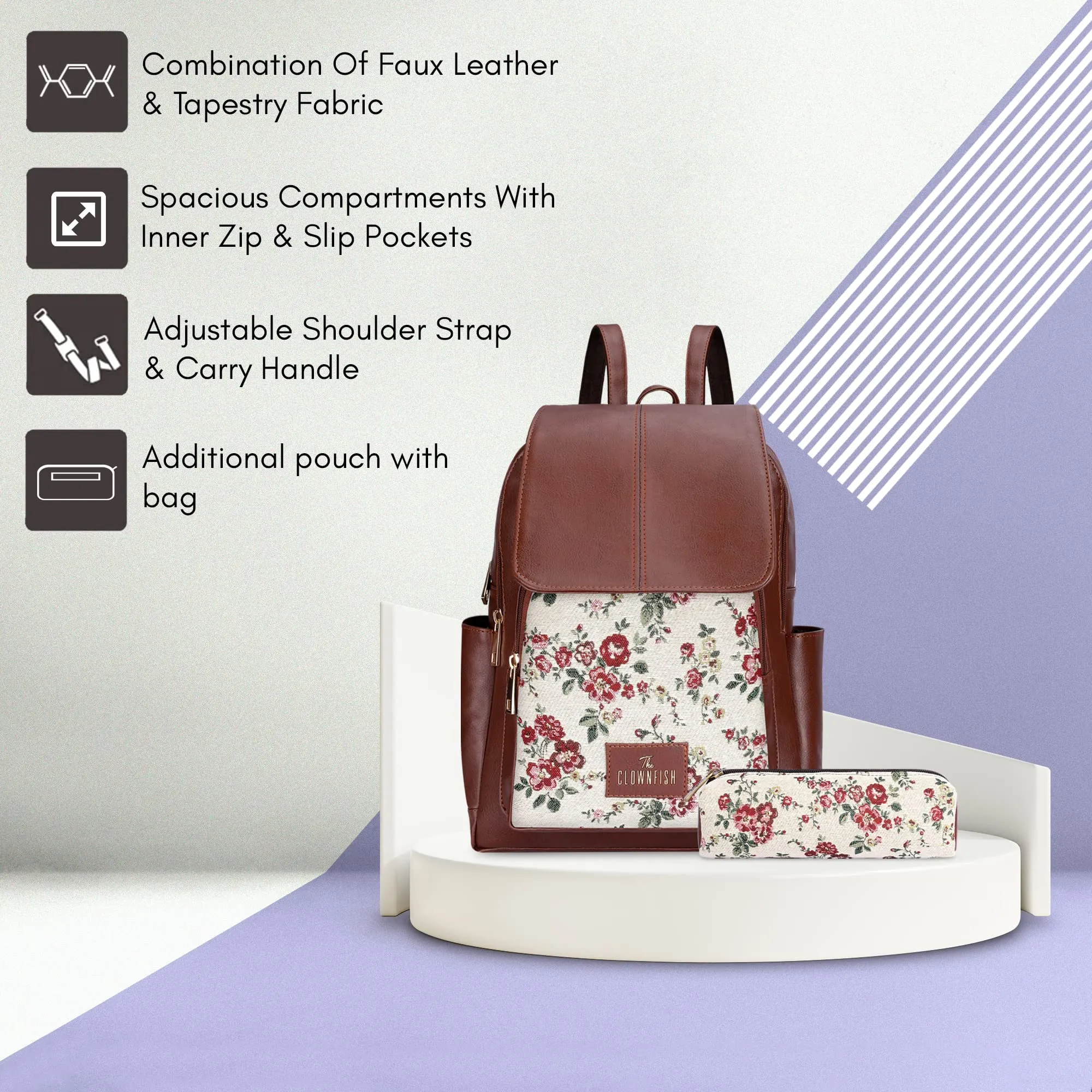 THE CLOWNFISH Combo Of Minerva Faux Leather & Tapestry Women's Backpack College School Girls Bag Casual Travel Backpack For Ladies & Expert Series Pencil Pouch Pen Case (White-Floral), 10 Litres