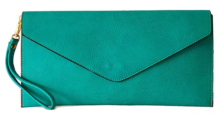 TURQUOISE OVER-SIZED ENVELOPE CLUTCH BAG WITH LONG CROSS BODY AND WRISTLET STRAP