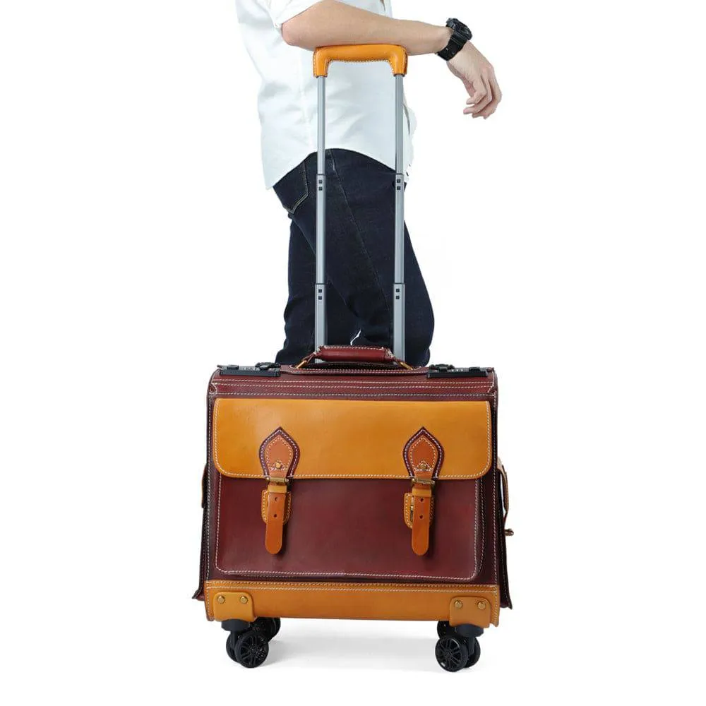 Unisex 23"  Genuine Vegetable Tanned Leather Rolling Duffle Bag Trolley Wheeled Carry On Luggage Suitcase Tote