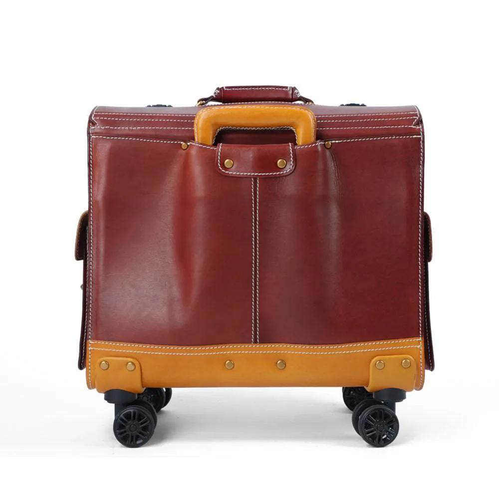 Unisex 23"  Genuine Vegetable Tanned Leather Rolling Duffle Bag Trolley Wheeled Carry On Luggage Suitcase Tote