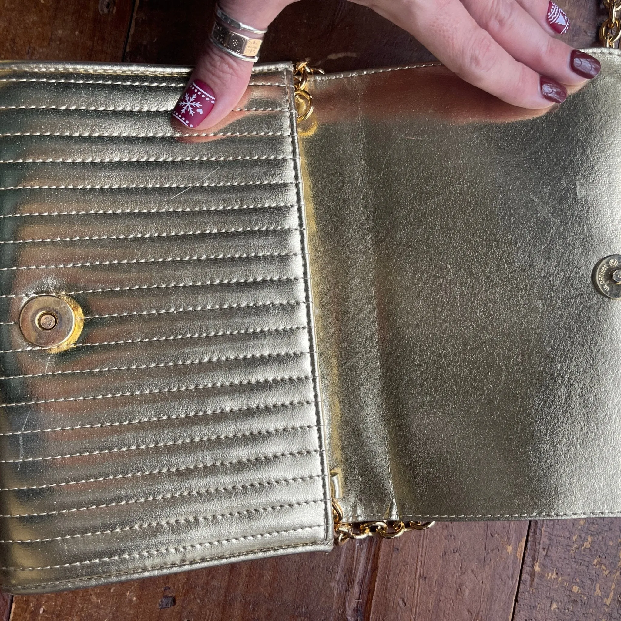 Vintage Metallic Gold Lame Quilted Clutch by Anne Klein for Calderon. 1970s Fashion.