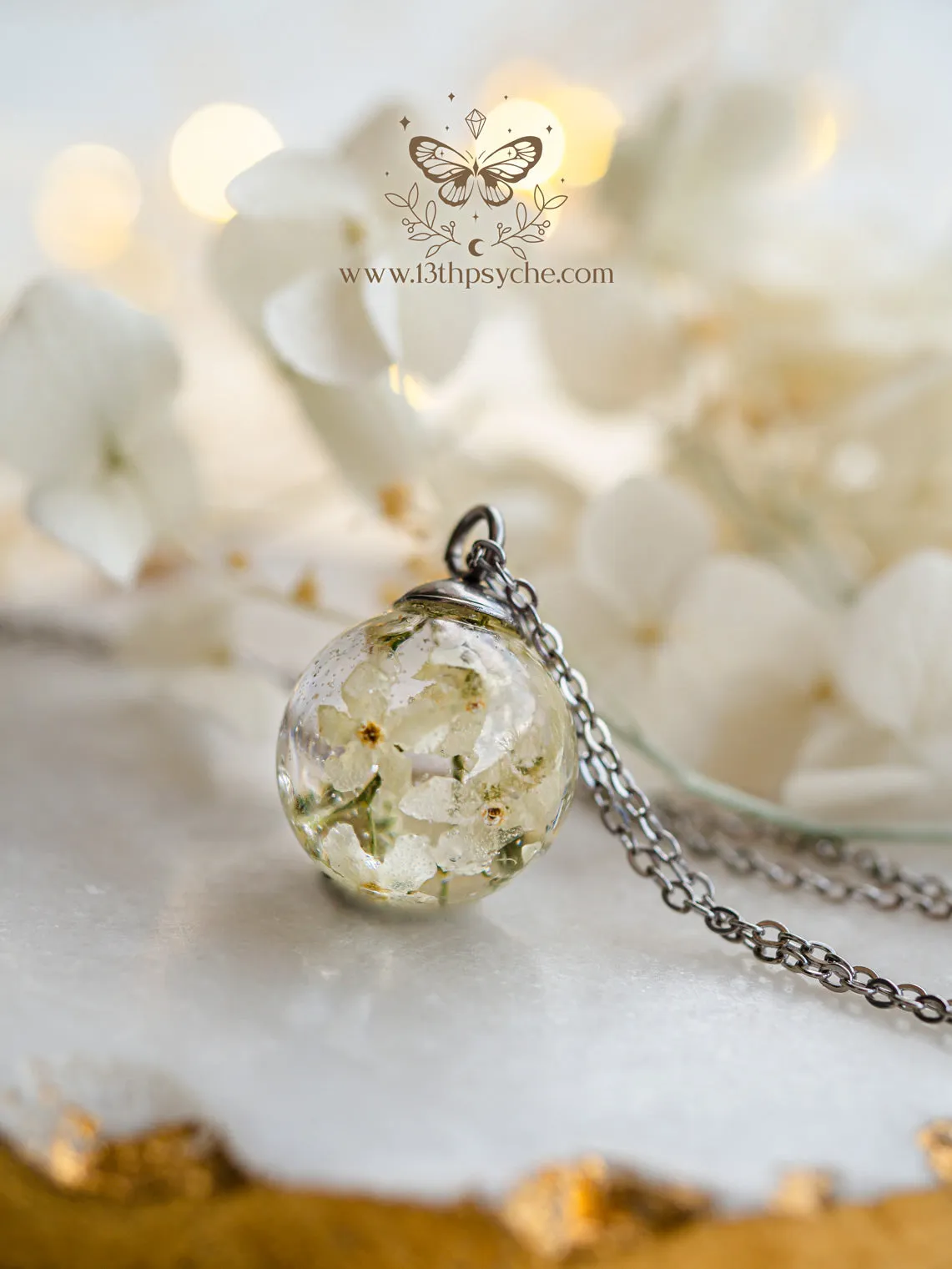 White forget me not flowers orb pendant necklace