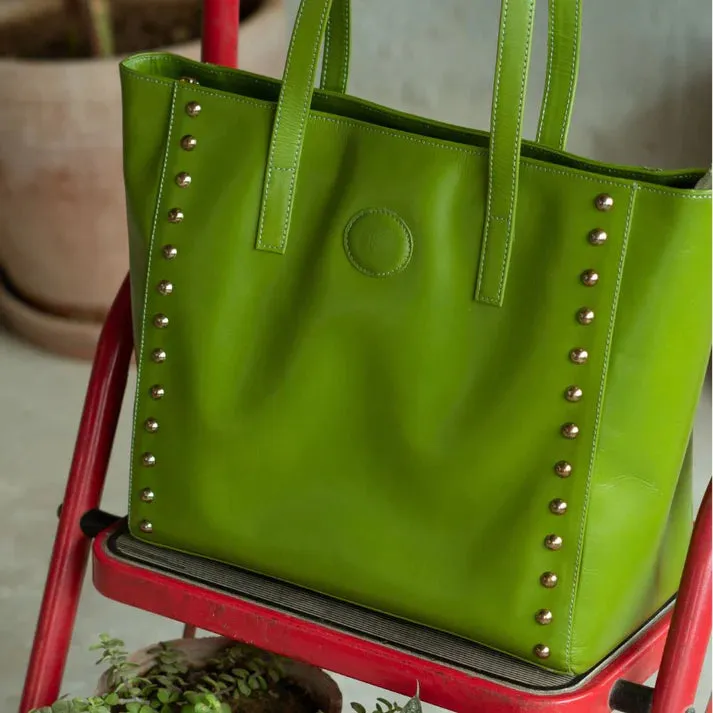 Womens Studded Leather Green Tote Bag