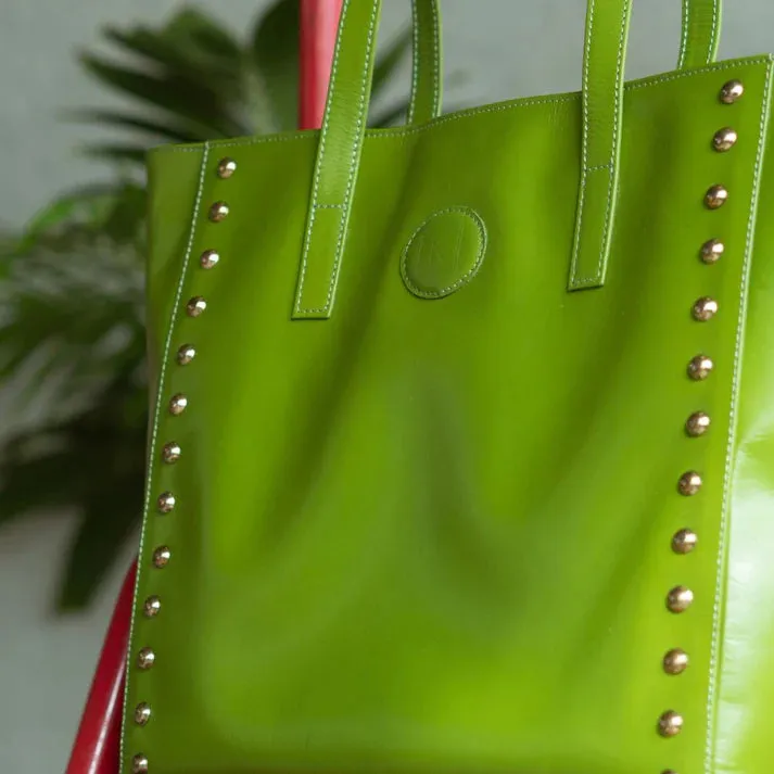 Womens Studded Leather Green Tote Bag