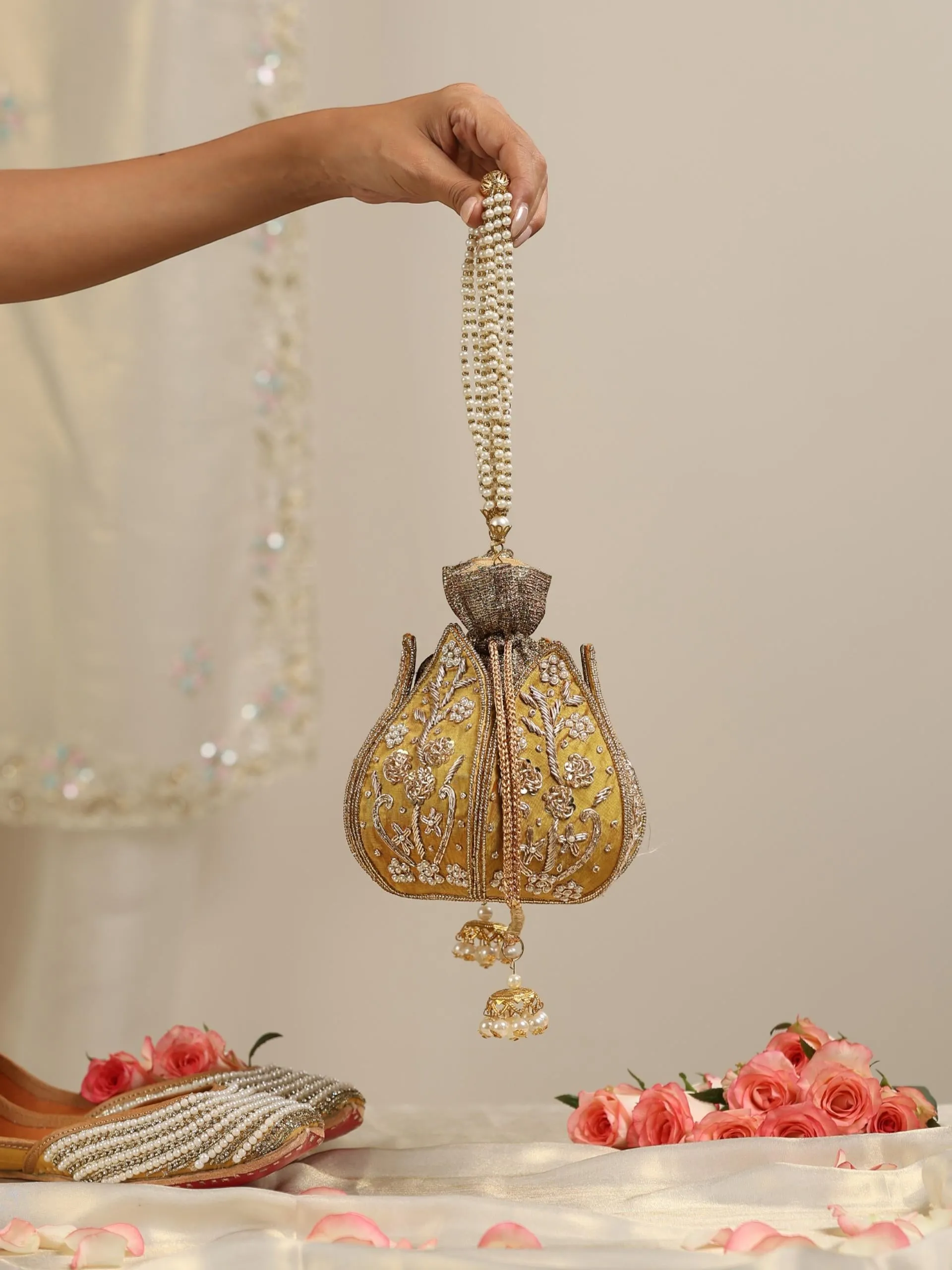 Yellow Rings Embroidered Lotus Potli Bag