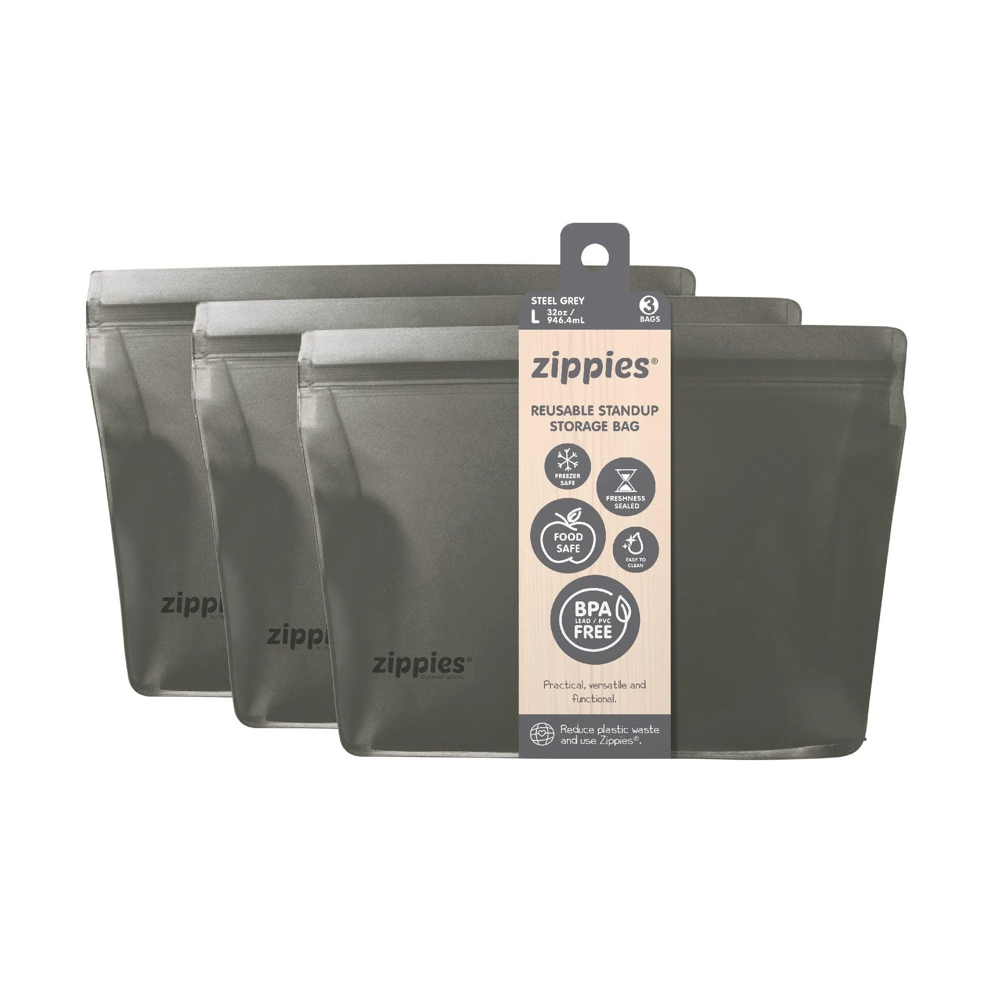 Zippies Reusable Stand up Bags Steel Grey