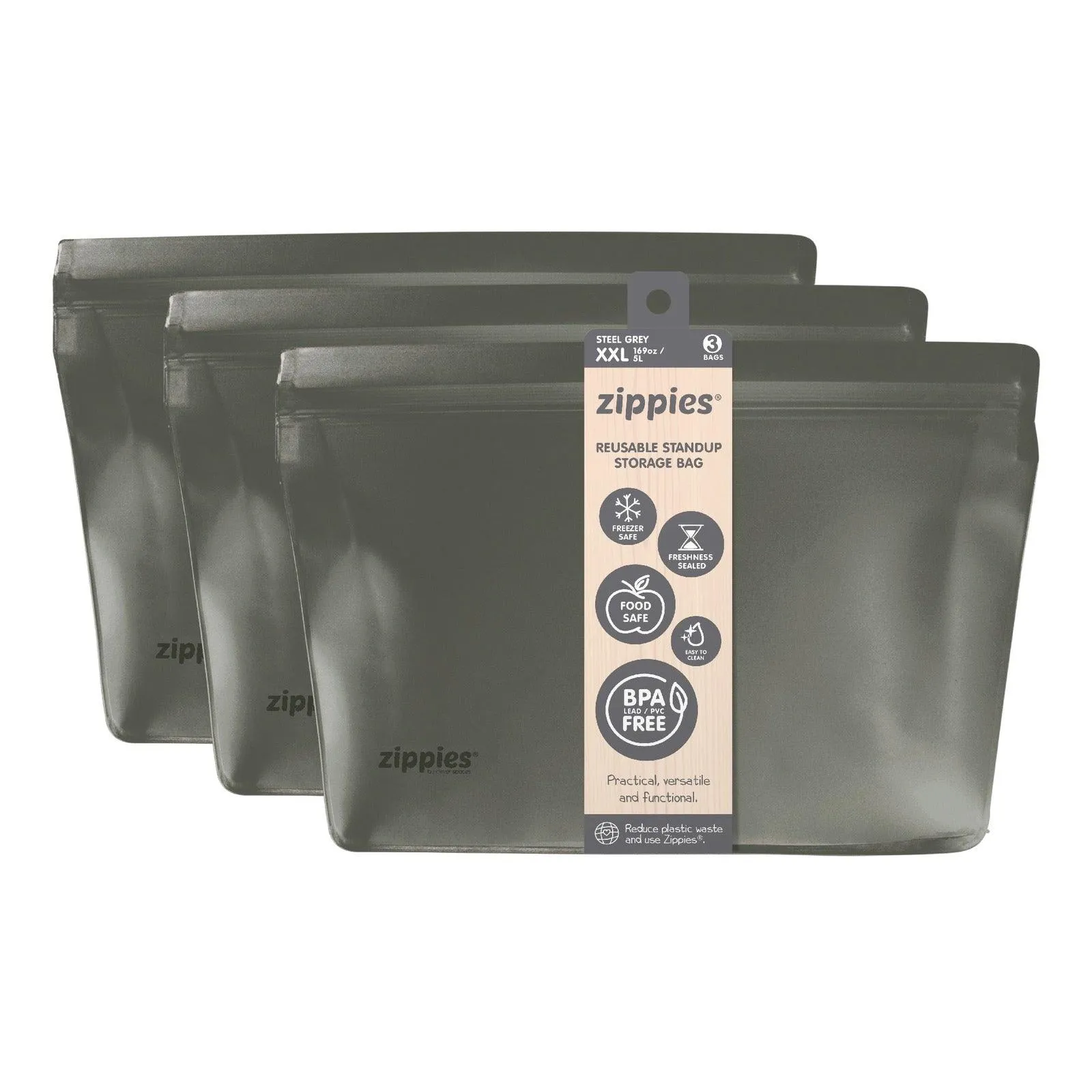 Zippies Reusable Stand up Bags Steel Grey